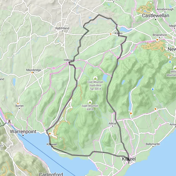 Map miniature of "Mountainous Loop from Kilkeel" cycling inspiration in Northern Ireland, United Kingdom. Generated by Tarmacs.app cycling route planner