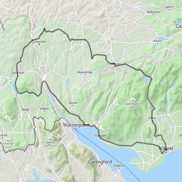 Map miniature of "Mountainous Adventure to Hilltown" cycling inspiration in Northern Ireland, United Kingdom. Generated by Tarmacs.app cycling route planner