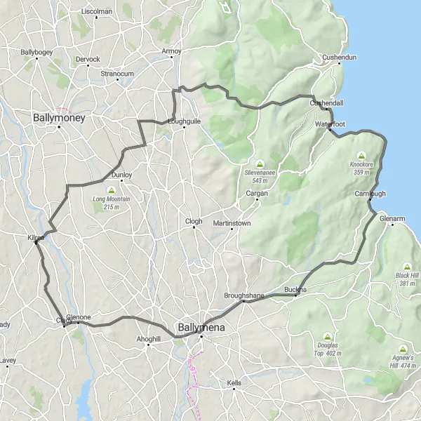 Map miniature of "Coast to Glens" cycling inspiration in Northern Ireland, United Kingdom. Generated by Tarmacs.app cycling route planner