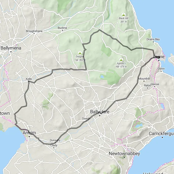 Map miniature of "Antrim Loop" cycling inspiration in Northern Ireland, United Kingdom. Generated by Tarmacs.app cycling route planner