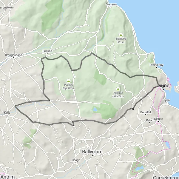 Map miniature of "Countryside Loop" cycling inspiration in Northern Ireland, United Kingdom. Generated by Tarmacs.app cycling route planner