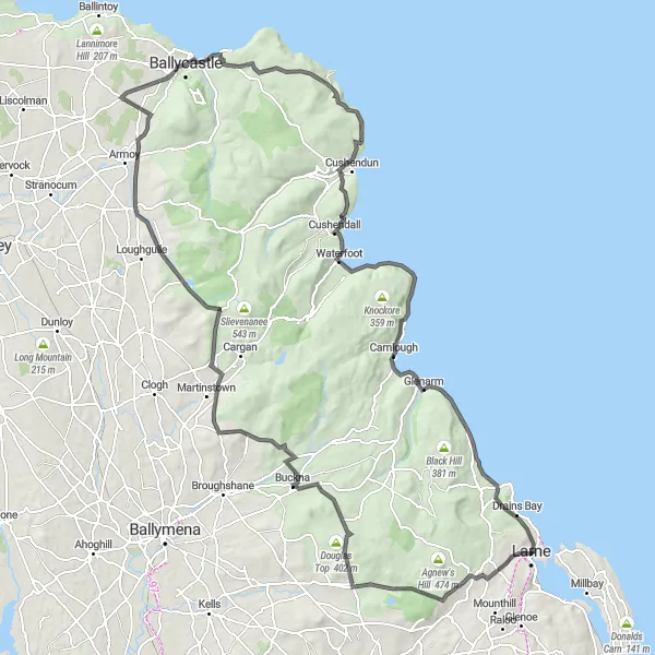 Map miniature of "Larne to Ballygally Castle Cycling Route" cycling inspiration in Northern Ireland, United Kingdom. Generated by Tarmacs.app cycling route planner