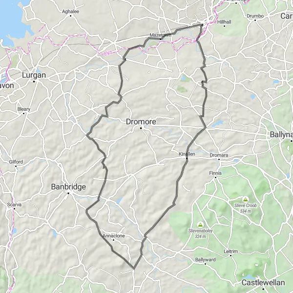 Map miniature of "Kinallen to Annaclone Loop" cycling inspiration in Northern Ireland, United Kingdom. Generated by Tarmacs.app cycling route planner