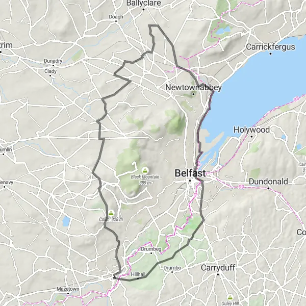 Map miniature of "Lisburn and Belfast Explorer" cycling inspiration in Northern Ireland, United Kingdom. Generated by Tarmacs.app cycling route planner