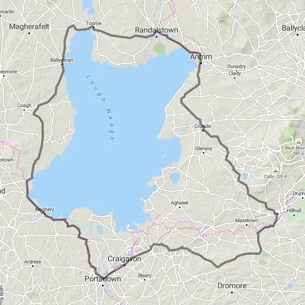 Map miniature of "Lisburn to Aldergrove Marvel" cycling inspiration in Northern Ireland, United Kingdom. Generated by Tarmacs.app cycling route planner