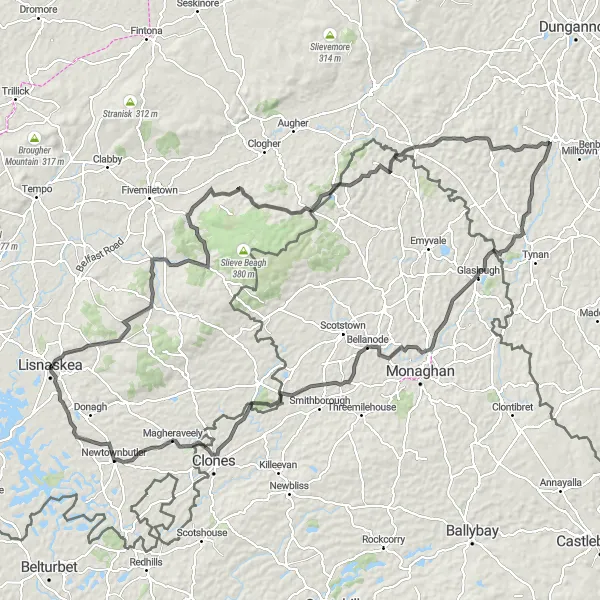 Map miniature of "The Caledon Adventure" cycling inspiration in Northern Ireland, United Kingdom. Generated by Tarmacs.app cycling route planner