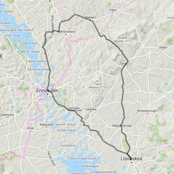 Map miniature of "Lisnaskea County Loop" cycling inspiration in Northern Ireland, United Kingdom. Generated by Tarmacs.app cycling route planner