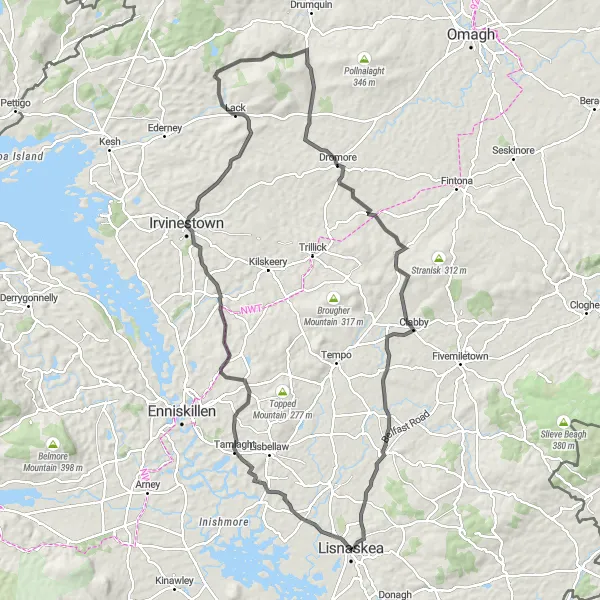 Map miniature of "The Fermanagh Heritage Trail" cycling inspiration in Northern Ireland, United Kingdom. Generated by Tarmacs.app cycling route planner