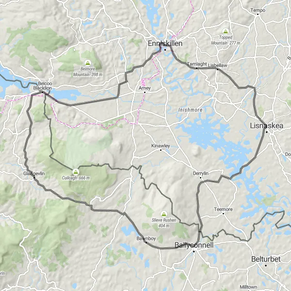 Map miniature of "The Cavanconnell Adventure" cycling inspiration in Northern Ireland, United Kingdom. Generated by Tarmacs.app cycling route planner