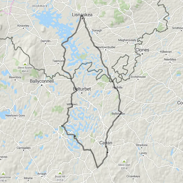 Map miniature of "The Lakeland Loop" cycling inspiration in Northern Ireland, United Kingdom. Generated by Tarmacs.app cycling route planner