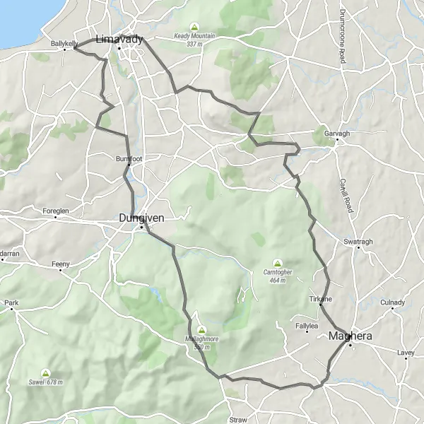 Map miniature of "Maghera – Tobermore – Dungiven Circuit" cycling inspiration in Northern Ireland, United Kingdom. Generated by Tarmacs.app cycling route planner