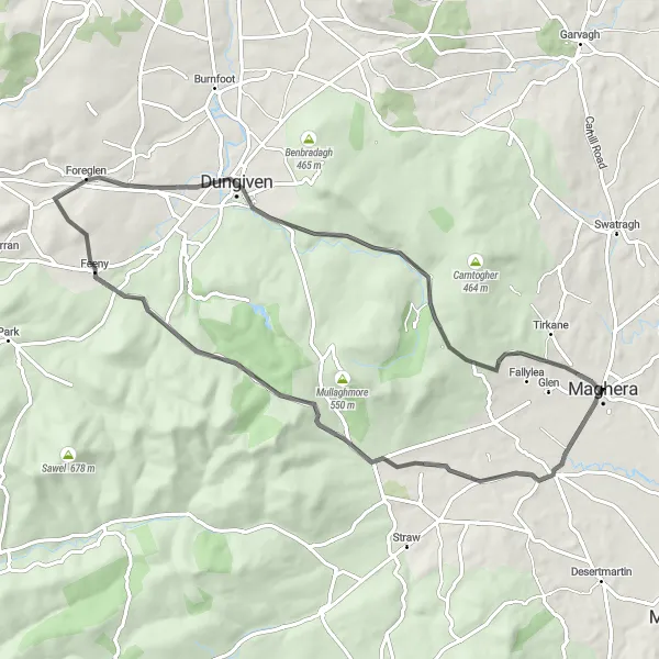 Map miniature of "Maghera – Feeny – Dungiven Circuit" cycling inspiration in Northern Ireland, United Kingdom. Generated by Tarmacs.app cycling route planner