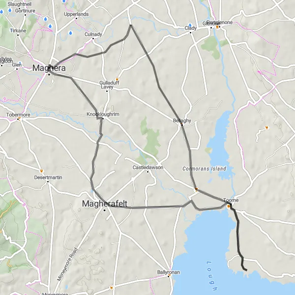 Map miniature of "Maghera – Bellaghy – Magherafelt Circuit" cycling inspiration in Northern Ireland, United Kingdom. Generated by Tarmacs.app cycling route planner