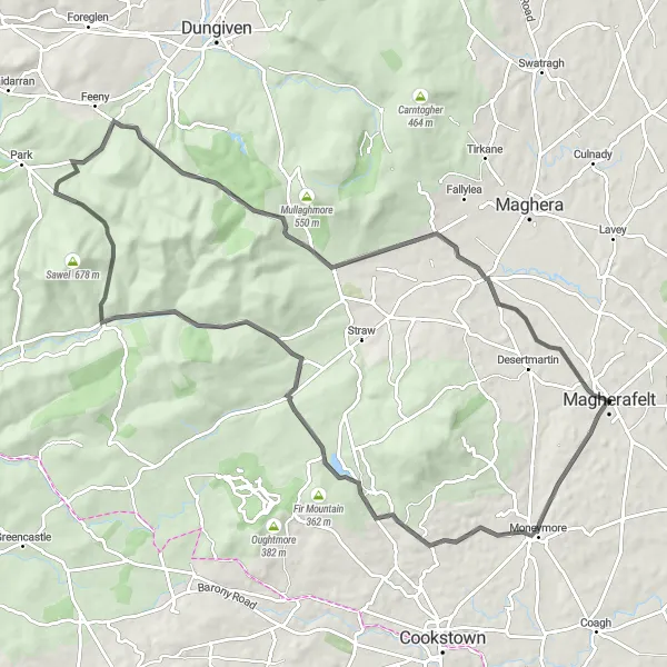 Map miniature of "Magherafelt-Moneymore-Barnes Top-Craigagh Hill-Tobermore Loop" cycling inspiration in Northern Ireland, United Kingdom. Generated by Tarmacs.app cycling route planner