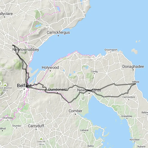 Map miniature of "Country Roads Loop" cycling inspiration in Northern Ireland, United Kingdom. Generated by Tarmacs.app cycling route planner