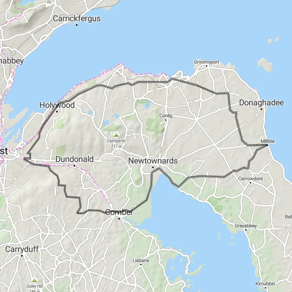 Map miniature of "Breathtaking Coast and Countryside" cycling inspiration in Northern Ireland, United Kingdom. Generated by Tarmacs.app cycling route planner