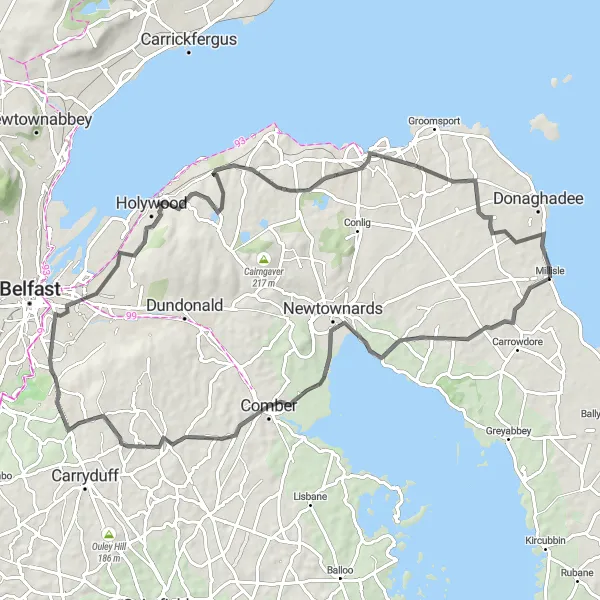 Map miniature of "Coastal Adventure" cycling inspiration in Northern Ireland, United Kingdom. Generated by Tarmacs.app cycling route planner