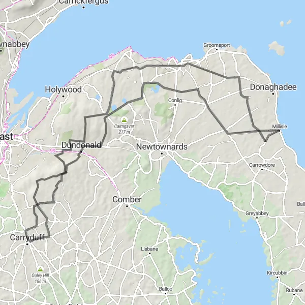 Map miniature of "The Irish Coastline Loop" cycling inspiration in Northern Ireland, United Kingdom. Generated by Tarmacs.app cycling route planner