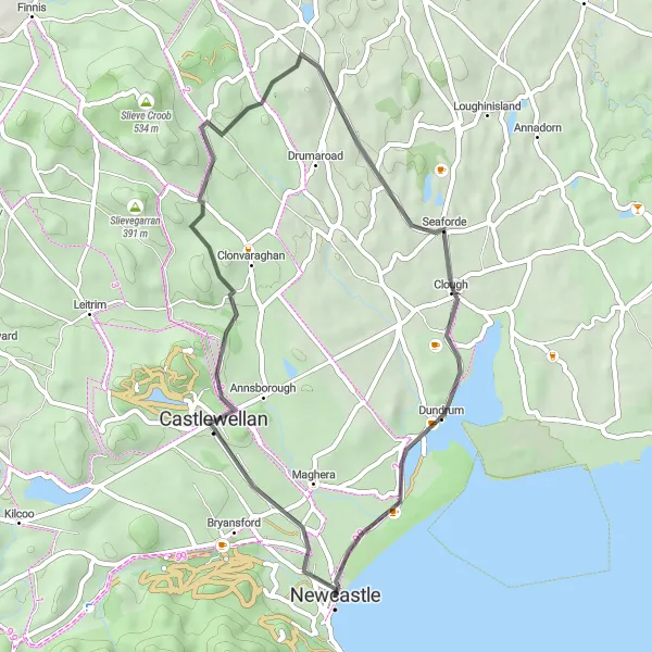 Map miniature of "Castle to Coast" cycling inspiration in Northern Ireland, United Kingdom. Generated by Tarmacs.app cycling route planner