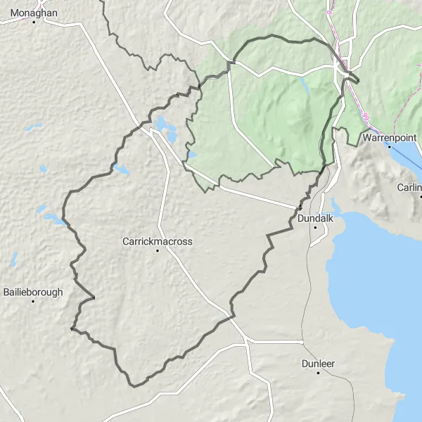 Map miniature of "Mourne Mountains Loop" cycling inspiration in Northern Ireland, United Kingdom. Generated by Tarmacs.app cycling route planner