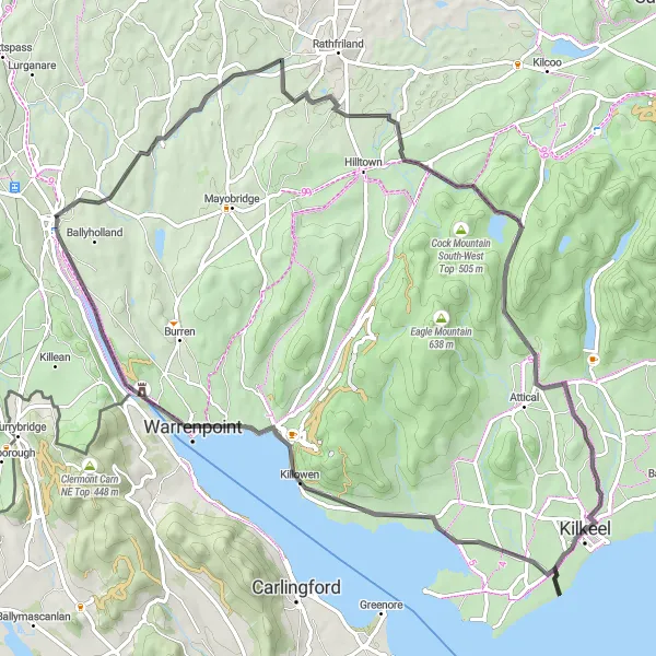 Map miniature of "Hen Mountain Circuit" cycling inspiration in Northern Ireland, United Kingdom. Generated by Tarmacs.app cycling route planner
