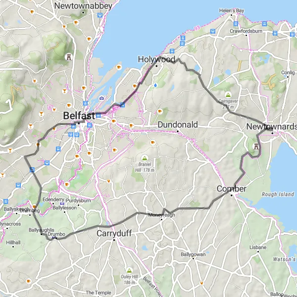 Map miniature of "Comber and Belfast Castle Loop" cycling inspiration in Northern Ireland, United Kingdom. Generated by Tarmacs.app cycling route planner