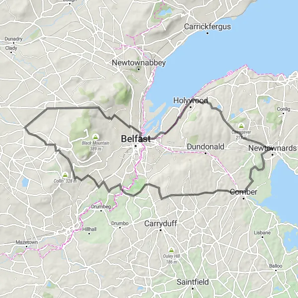 Map miniature of "Comber and Ardoyne Loop" cycling inspiration in Northern Ireland, United Kingdom. Generated by Tarmacs.app cycling route planner