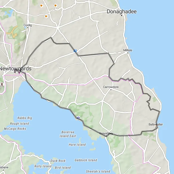 Map miniature of "Movilla Abbey and Carrowdore Loop" cycling inspiration in Northern Ireland, United Kingdom. Generated by Tarmacs.app cycling route planner