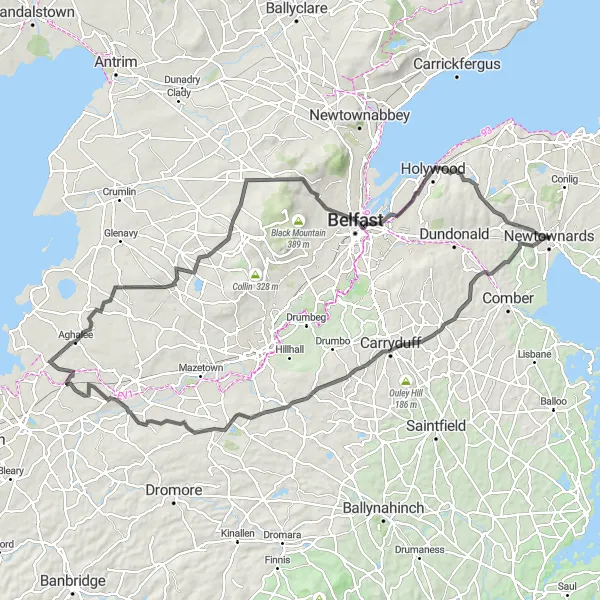 Map miniature of "Scrabo Hill and Royal Hillsborough Tour" cycling inspiration in Northern Ireland, United Kingdom. Generated by Tarmacs.app cycling route planner