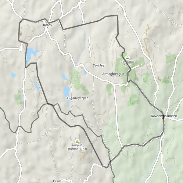 Map miniature of "Newtownhamilton to Carrigatuke Road" cycling inspiration in Northern Ireland, United Kingdom. Generated by Tarmacs.app cycling route planner