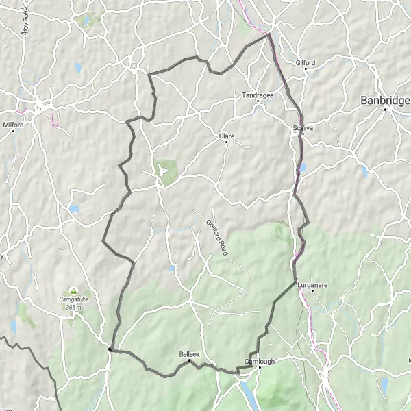 Map miniature of "Scarva Circuit" cycling inspiration in Northern Ireland, United Kingdom. Generated by Tarmacs.app cycling route planner