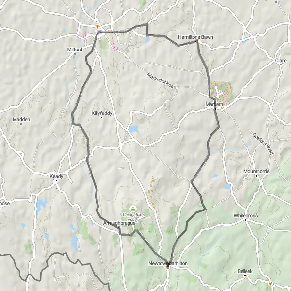 Map miniature of "Newtownhamilton to Markethill" cycling inspiration in Northern Ireland, United Kingdom. Generated by Tarmacs.app cycling route planner