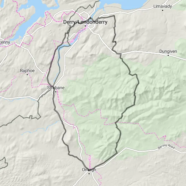 Map miniature of "Mountainous Adventure" cycling inspiration in Northern Ireland, United Kingdom. Generated by Tarmacs.app cycling route planner