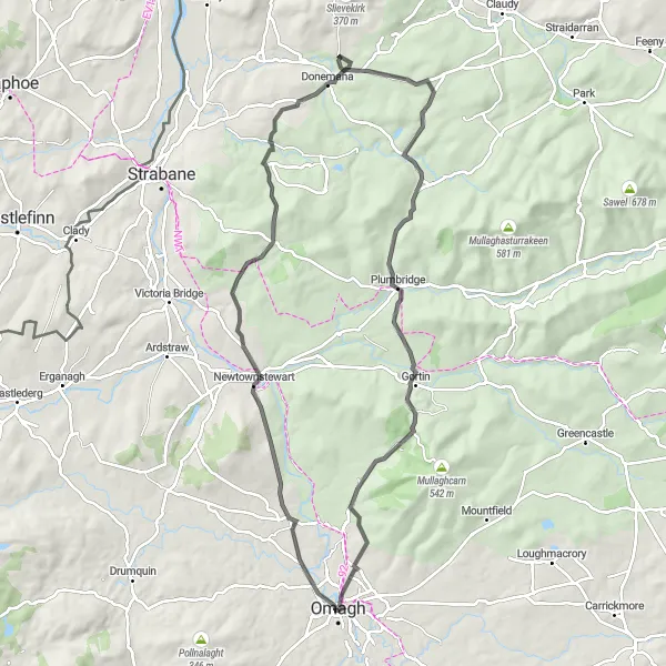 Map miniature of "The Newtownstewart Journey" cycling inspiration in Northern Ireland, United Kingdom. Generated by Tarmacs.app cycling route planner