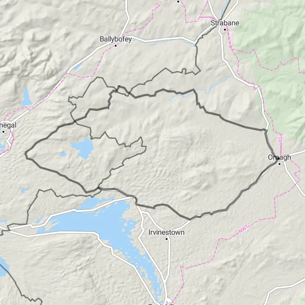 Map miniature of "The Castlederg Round" cycling inspiration in Northern Ireland, United Kingdom. Generated by Tarmacs.app cycling route planner