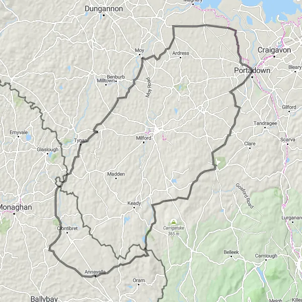 Map miniature of "Middletown Adventure" cycling inspiration in Northern Ireland, United Kingdom. Generated by Tarmacs.app cycling route planner