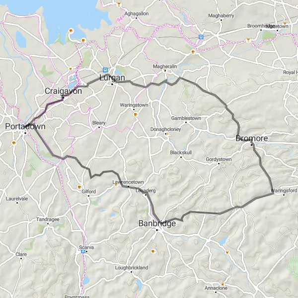 Map miniature of "Lurgan Loop" cycling inspiration in Northern Ireland, United Kingdom. Generated by Tarmacs.app cycling route planner