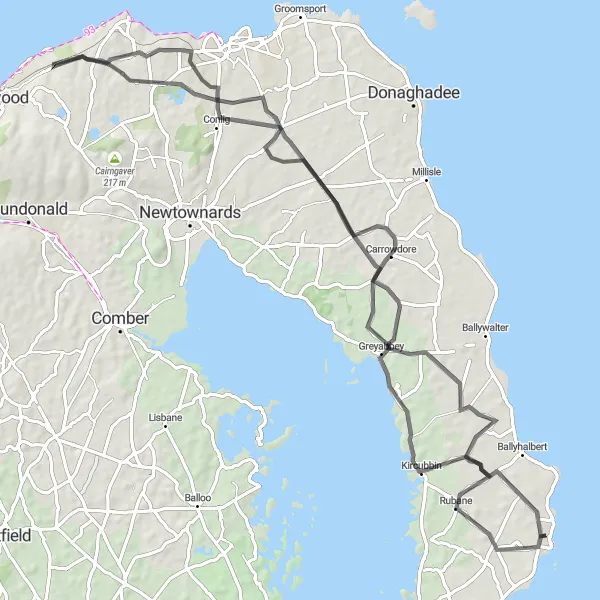 Map miniature of "Crawfordsburn to Kircubbin Loop" cycling inspiration in Northern Ireland, United Kingdom. Generated by Tarmacs.app cycling route planner