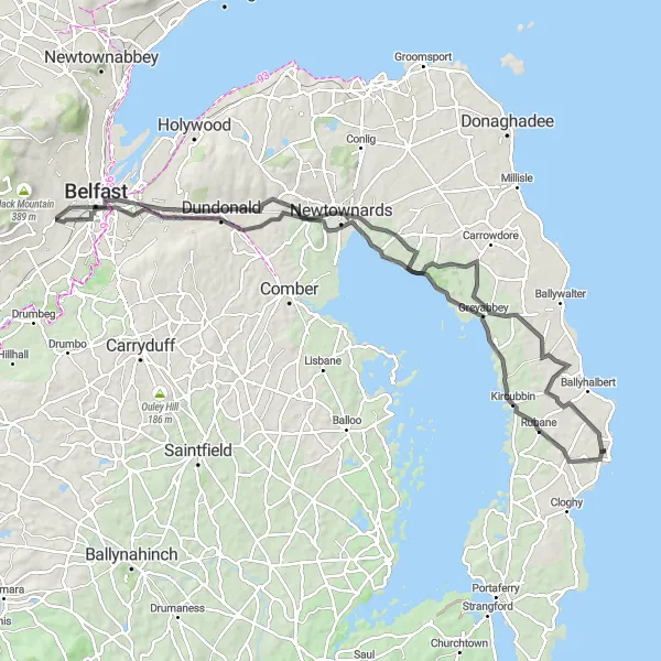 Map miniature of "Belfast Dome and Coastal Ride" cycling inspiration in Northern Ireland, United Kingdom. Generated by Tarmacs.app cycling route planner