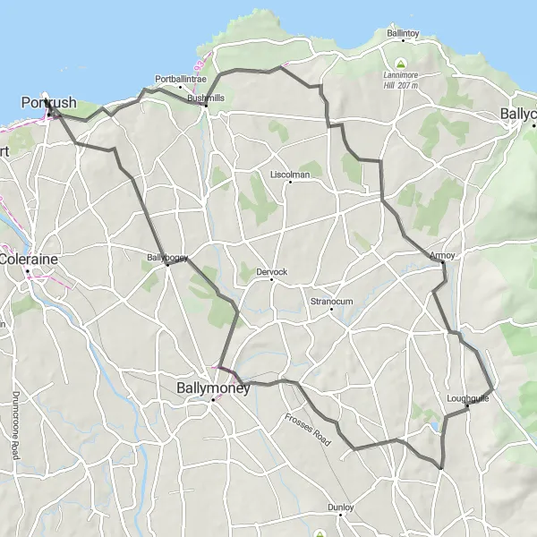 Map miniature of "The Glens of Antrim Circuit" cycling inspiration in Northern Ireland, United Kingdom. Generated by Tarmacs.app cycling route planner