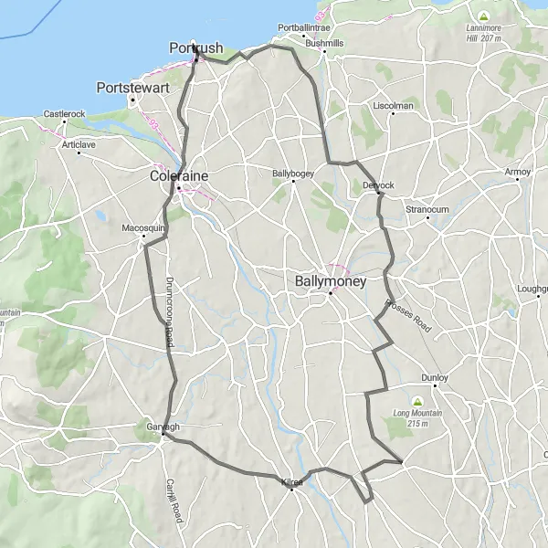 Map miniature of "Portrush to Rasharkin Circuit" cycling inspiration in Northern Ireland, United Kingdom. Generated by Tarmacs.app cycling route planner