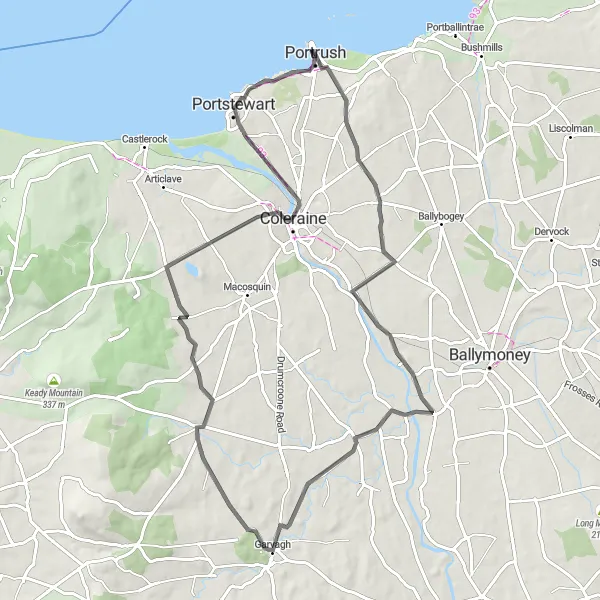 Map miniature of "The Causeway Coast Loop" cycling inspiration in Northern Ireland, United Kingdom. Generated by Tarmacs.app cycling route planner