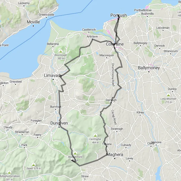 Map miniature of "Portrush to Coleraine Loop" cycling inspiration in Northern Ireland, United Kingdom. Generated by Tarmacs.app cycling route planner