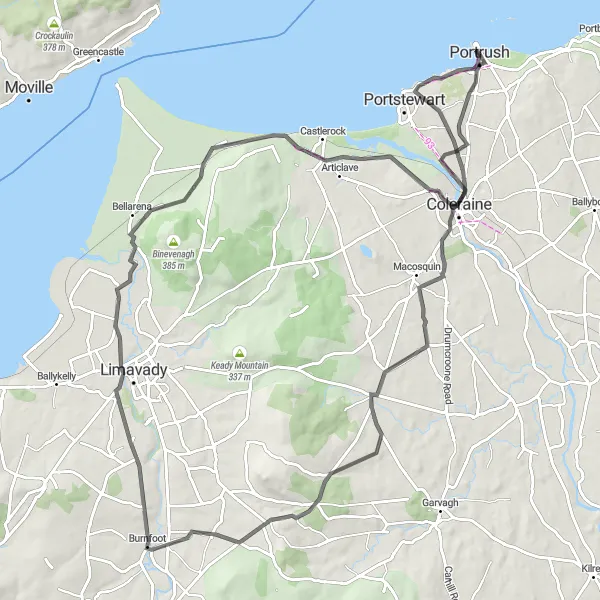 Map miniature of "Portrush to Coleraine Coastal Ride" cycling inspiration in Northern Ireland, United Kingdom. Generated by Tarmacs.app cycling route planner