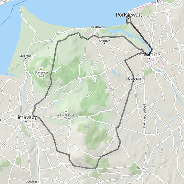 Map miniature of "The Inland Adventure" cycling inspiration in Northern Ireland, United Kingdom. Generated by Tarmacs.app cycling route planner