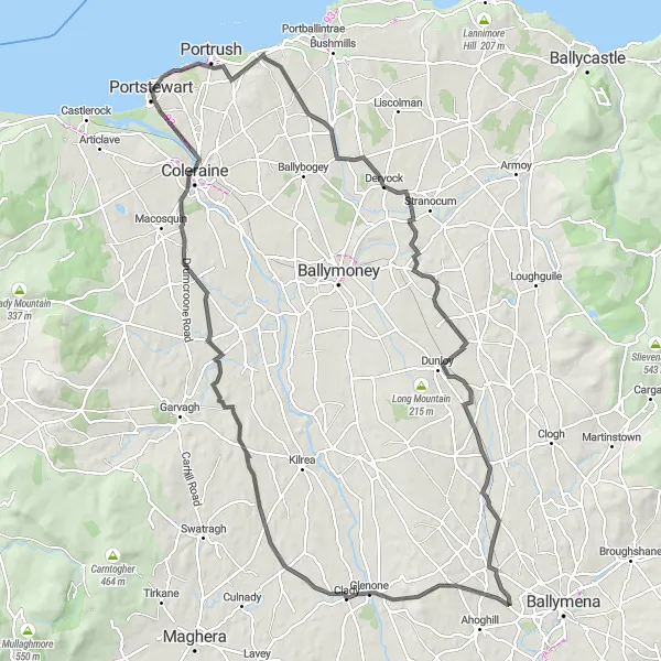 Map miniature of "Dervock Adventure" cycling inspiration in Northern Ireland, United Kingdom. Generated by Tarmacs.app cycling route planner