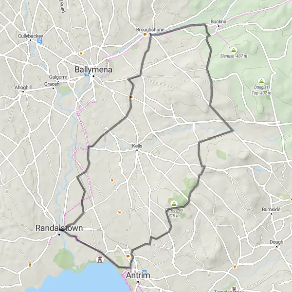 Map miniature of "Broughshane and Tardree Mountain" cycling inspiration in Northern Ireland, United Kingdom. Generated by Tarmacs.app cycling route planner
