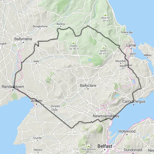 Map miniature of "Buckna, Slemish, and Antrim" cycling inspiration in Northern Ireland, United Kingdom. Generated by Tarmacs.app cycling route planner