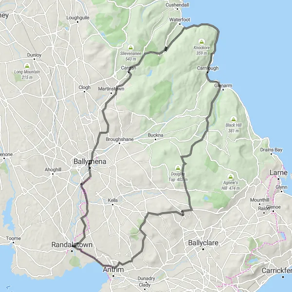 Map miniature of "Glenariff Forest Park Challenge" cycling inspiration in Northern Ireland, United Kingdom. Generated by Tarmacs.app cycling route planner