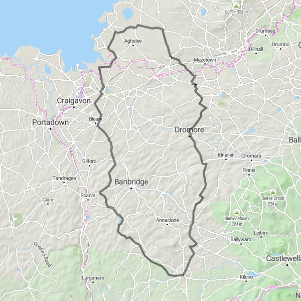 Map miniature of "Rathfriland Loop" cycling inspiration in Northern Ireland, United Kingdom. Generated by Tarmacs.app cycling route planner